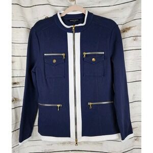 Boston Proper Nautical Navy Blue Cardigan Jacket M Full Zip Knit Womens Cotton
